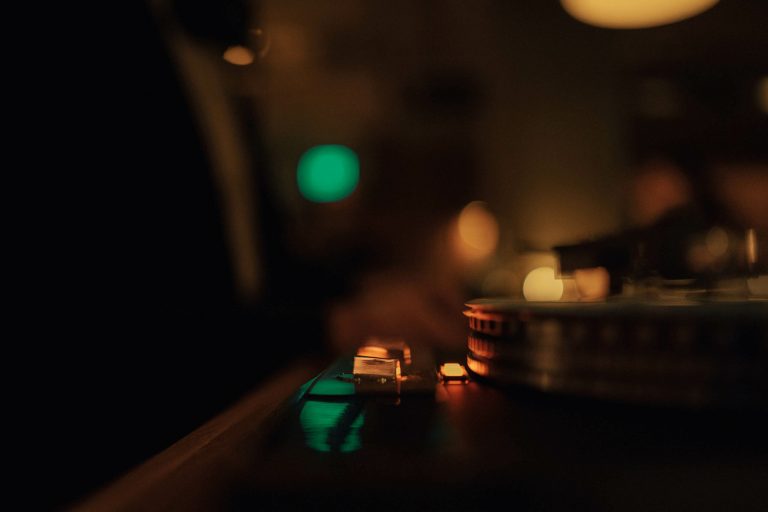 close up of record player